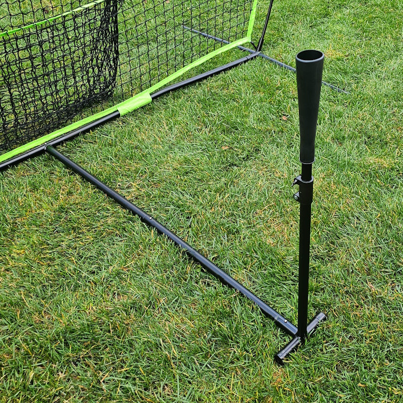 batting tee attaches to any practice net , fits in most net carry bags, adjusts from 27" to 37", quick assembly, designed for ages 5 to 12