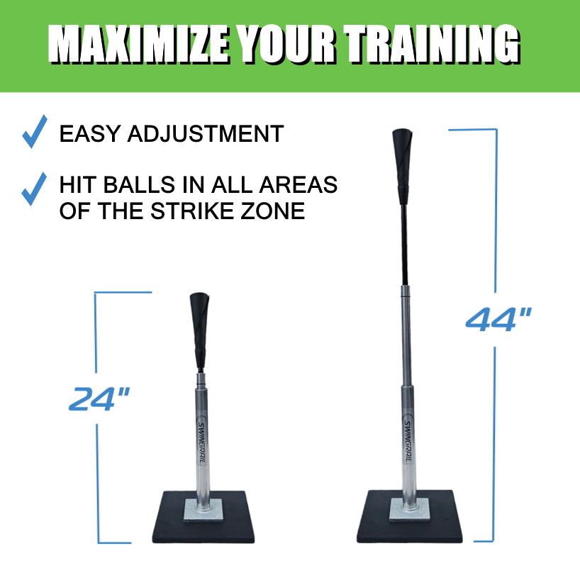 platinum batting tee adjusts from 24" to 44" inches which allows the player to hit balls in all areas of the strike zone