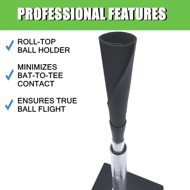 platinum batting tee has professional features including a roll-top ball holder that minimizes bat-to-tee contact and ensures true ball flight