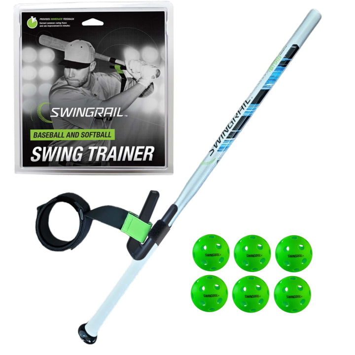 swingrail swing trainer and training bat and 6 plastic balls