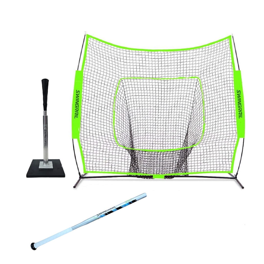 product bundle includes swingrail, hitting net, batting tee, 12 plastic balls