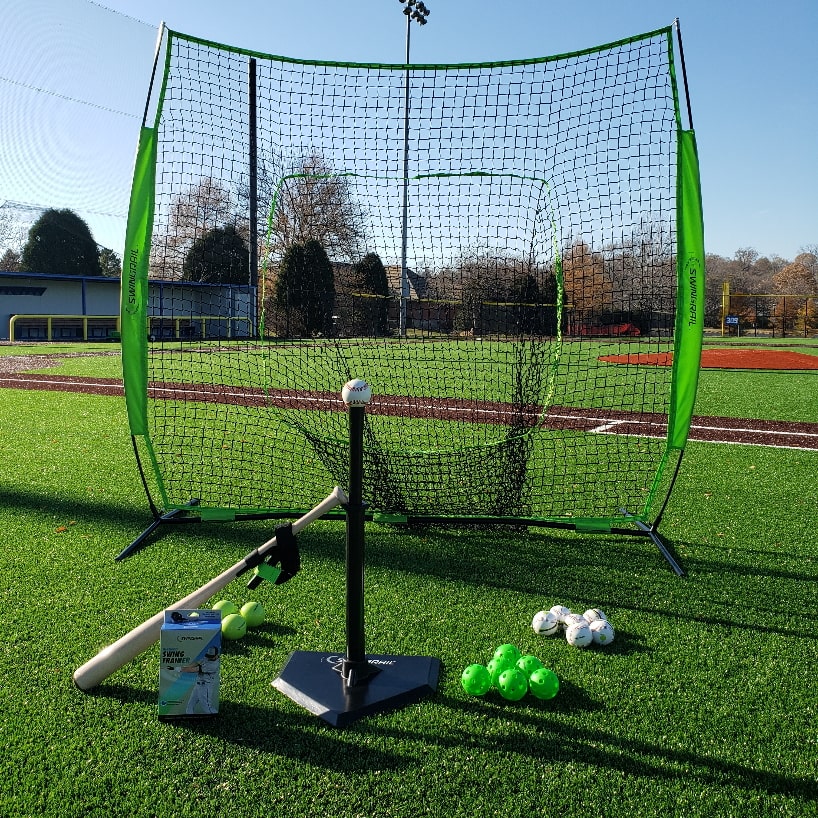 video of products including swingrail being used. Shows batting tee, hitting net, plastic and weighted training balls